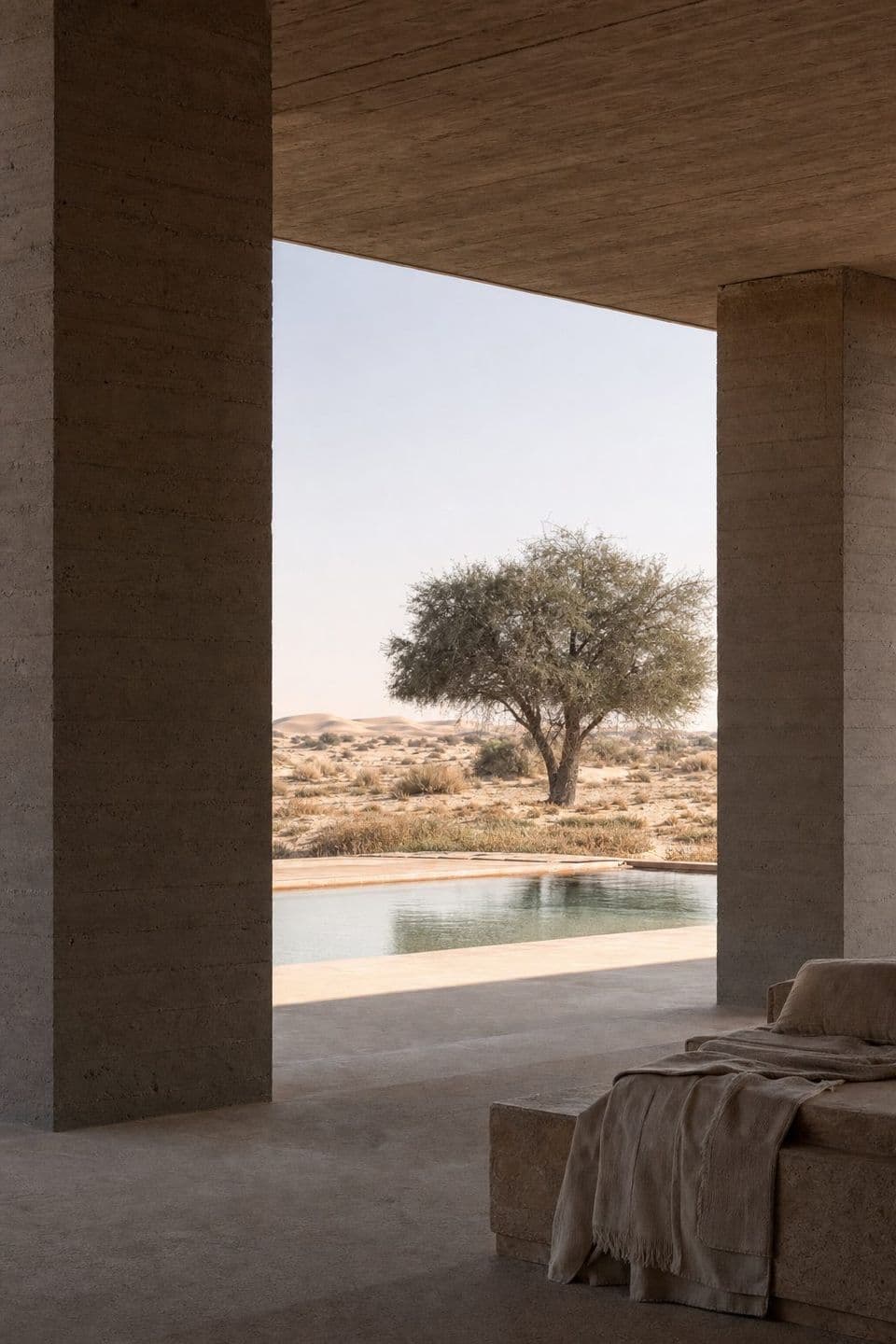 Shaded colonnade opening onto a reflection pool and desert garden