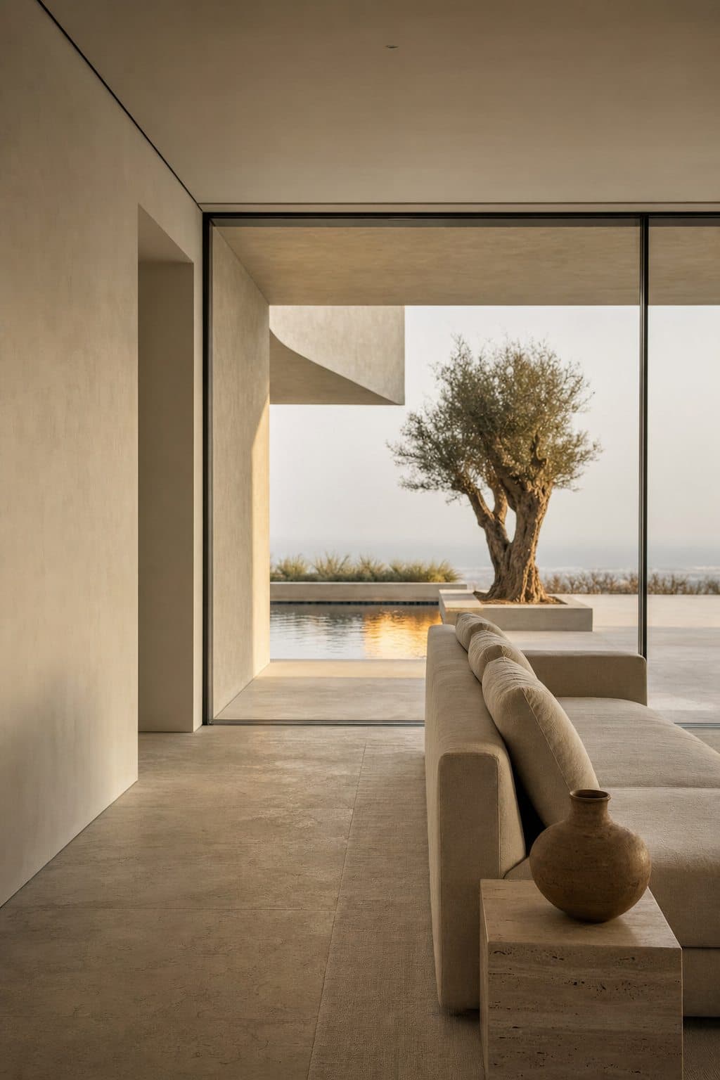Living room opening through floor-to-ceiling glass onto a terrace with an olive tree and pool